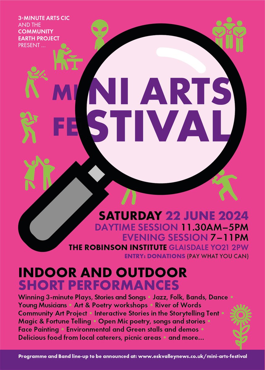 Mini Arts Festival coming to #Glaisdale nr #Whitby #NorthYorkMoors 22 JUNE: Winning #3MinuteDrama, Stories, Songs. #Art & #Poetry, #Bands. #Workshops  Food, Bar. Family #activities .. 11am–5pm,  evening bands 7–11pm
@NorthYorkMoors 
@VisitWhitby 
@thewhitbyguide 
@whitbybookshop