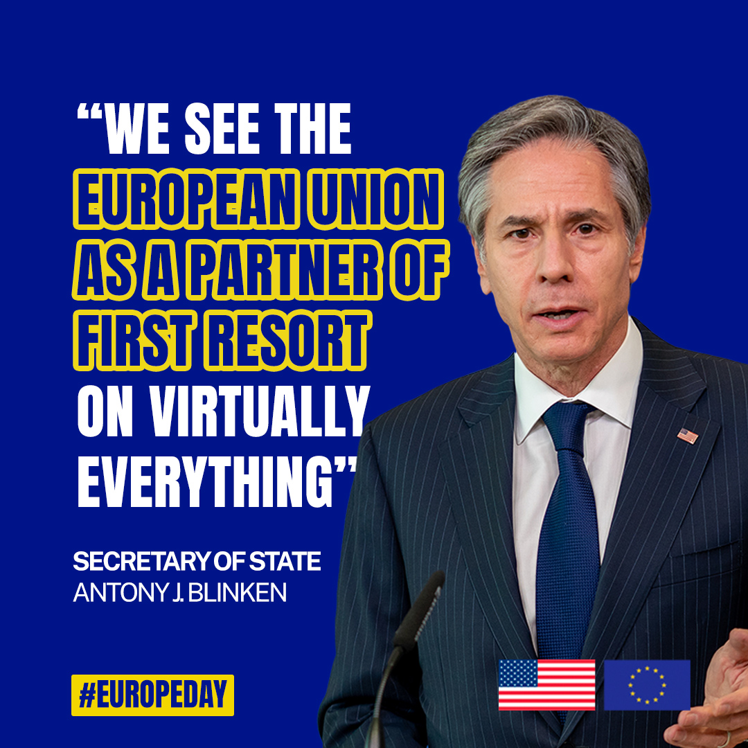 The #transatlantic relationship is stronger than ever. As @SecBlinken said, “We see the European Union as a partner of first resort on virtually everything.” #EuropeDay 🇺🇸🤝🇪🇺
