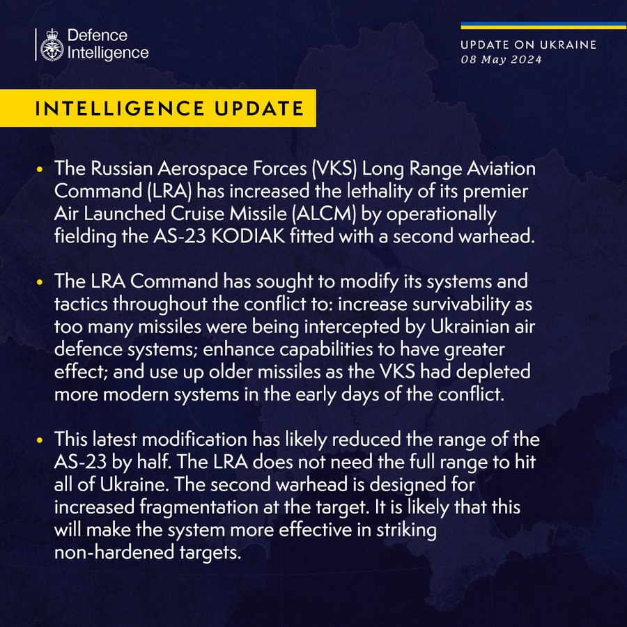 The Russian Aerospace Forces (VKS) Long Range Aviation Command (LRA) has increased the lethality of its premier Air Launched Cruise Missile (ALCM) by operationally fielding the AS-23 KODIAK fitted with a second warhead.The LRA Command has sought to modify its systems and tactics throughout the conflict to: increase survivability as too many missiles were being intercepted by Ukrainian air defence systems; enhance capabilities to have greater effect; and use up older missiles as the VKS had depleted more modern systems in the early days of the conflict. This latest modification has likely reduced the range of the AS-23 by half. The LRA does not need the full range to hit all of Ukraine. The second warhead is designed for increased fragmentation at the target. It is likely that this will make the system more effective in striking non-hardened targets.