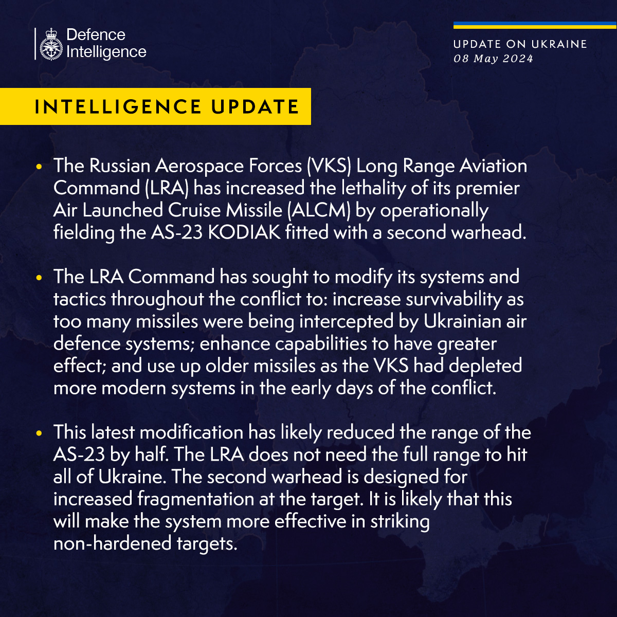 The Russian Aerospace Forces (VKS) Long Range Aviation Command (LRA) has increased the lethality of its premier Air Launched Cruise Missile (ALCM) by operationally fielding the AS-23 KODIAK fitted with a second warhead.  The LRA Command has sought to modify its systems and tactics throughout the conflict to: increase survivability as too many missiles were being intercepted by Ukrainian air defence systems; enhance capabilities to have greater effect; and use up older missiles as the VKS had depleted more modern systems in the early days of the conflict.   This latest modification has likely reduced the range of the AS-23 by half. The LRA does not need the full range to hit all of Ukraine. The second warhead is designed for increased fragmentation at the target. It is likely that this will make the system more effective in striking non-hardened targets.