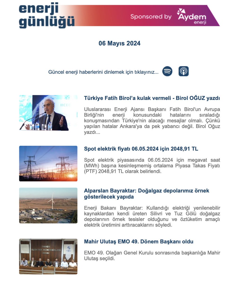 Ücretsiz Enerji Bülteni'ne abone olmak için lütfen tıklayınız...
#enerjihaberleri #elektrik #petrol #doğalgaz #rüzgar #güneş #nükler #biyokütle #jeotermal @GunderSolar @gensedpv @TUREB_TWEA @hesiadtr @Jesder1 @EUD2002 @TCEnerji 
enerjigunlugu.net/mail_list_add.…