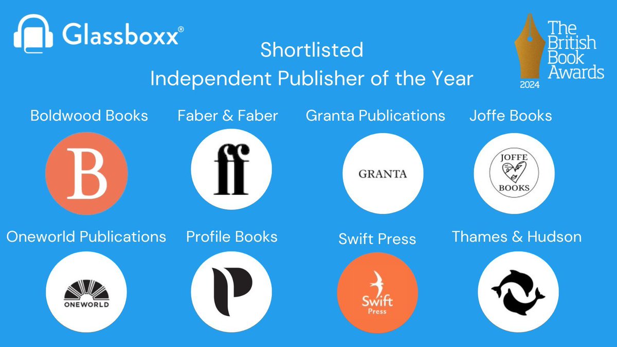 With the #Nibbies next week, we can't wait to celebrate the shortlistees for the Independent Publisher of the Year award! ✨ 
✒ @BoldwoodBooks
✒ @FaberBooks
✒ @GrantaBooks
✒ @JoffeBooks
✒ @OneworldNews
✒ @ProfileBooks
✒ @_SwiftPress
✒ @thamesandhudson

#BritishBookAwards