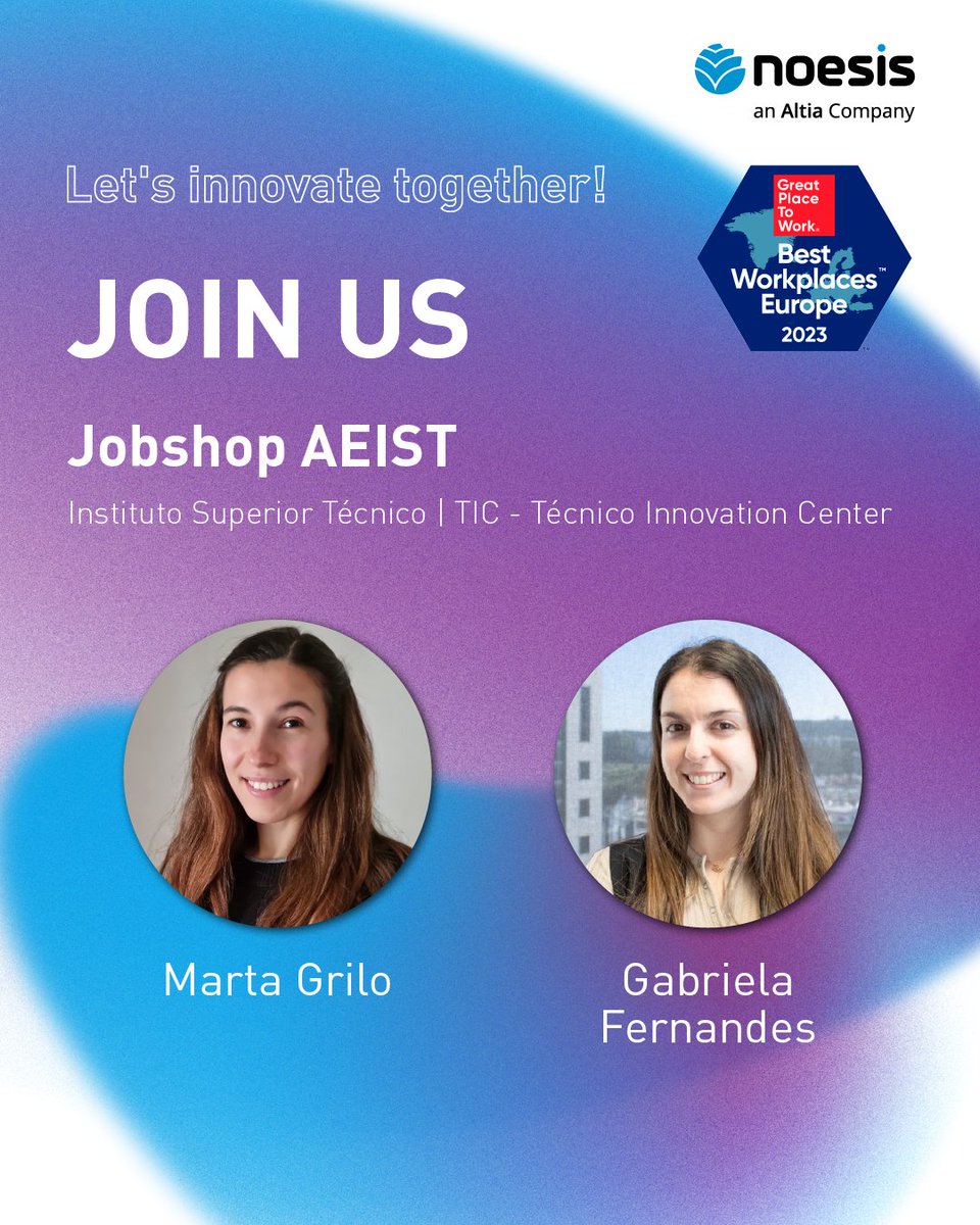 Calling all students and job seekers! 👨🏼‍🎓 Today, May 8th, it's your chance to get to know #teamnoesis with Marta Grilo and Gabriela Fernandes and discover our opportunities. Join us at Jobshop 2024 and Let's Innovate Together! 🚀 #joinus #innovation #techcareers #jobfair