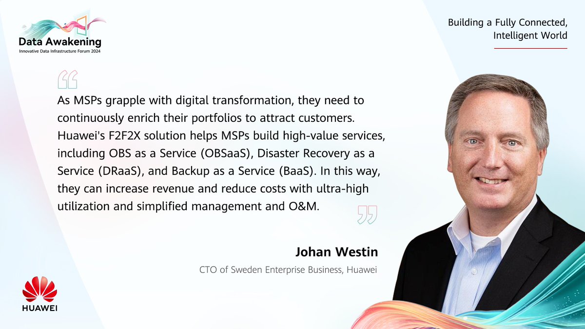 HuaweiEnt's tweet image. Learn how the F2F2X solution can help your business thrive with Johan Westin, Huawei&apos;s CTO of Sweden Enterprise Business at Huawei Innovative Data Infrastructure Forum 2024: bit.ly/43iV4vv #HWIDI #HuaweiStorage #DataAwakening #MSP