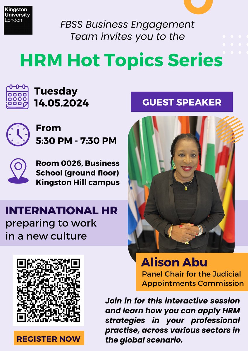 ⭐ Next Tuesday at 6pm! 👇 🗣️ HRM Hot Topics Series presents Alison Abu, who has assisted Royals, government ministers and governments in the Middle East, works with the Judicial Appointments Commission and leads charity missions to Africa! 🔗 Book now: bit.ly/49gtIra
