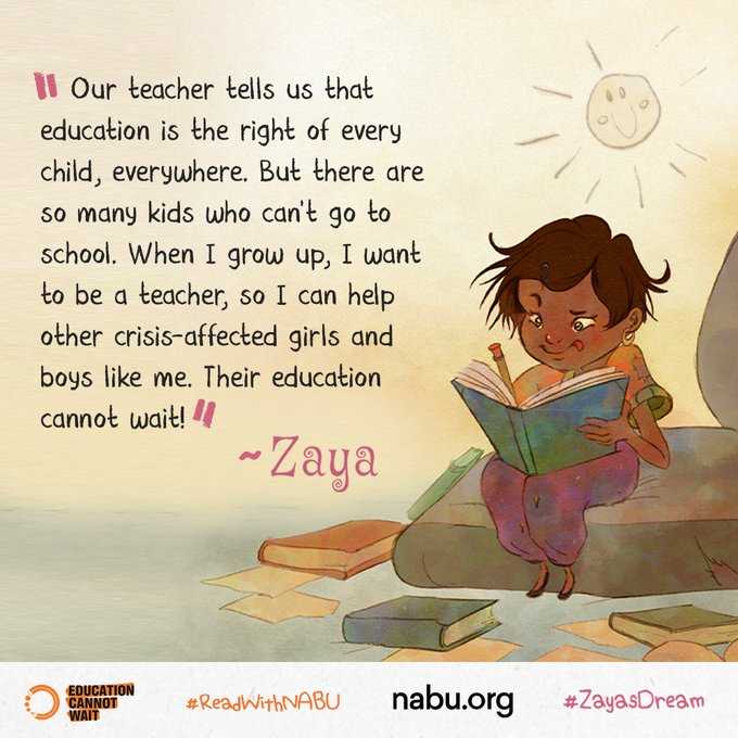 'Our teacher tells us #education is the right of every child, everywhere. But there are so many who can’t go to school. When I grow up, I want to be a teacher, so I can help other girls+boys like me. Their #EducationCannotWait!' ~Zaya

Read #ZayasDream💫:a.co/d/fXsXenM