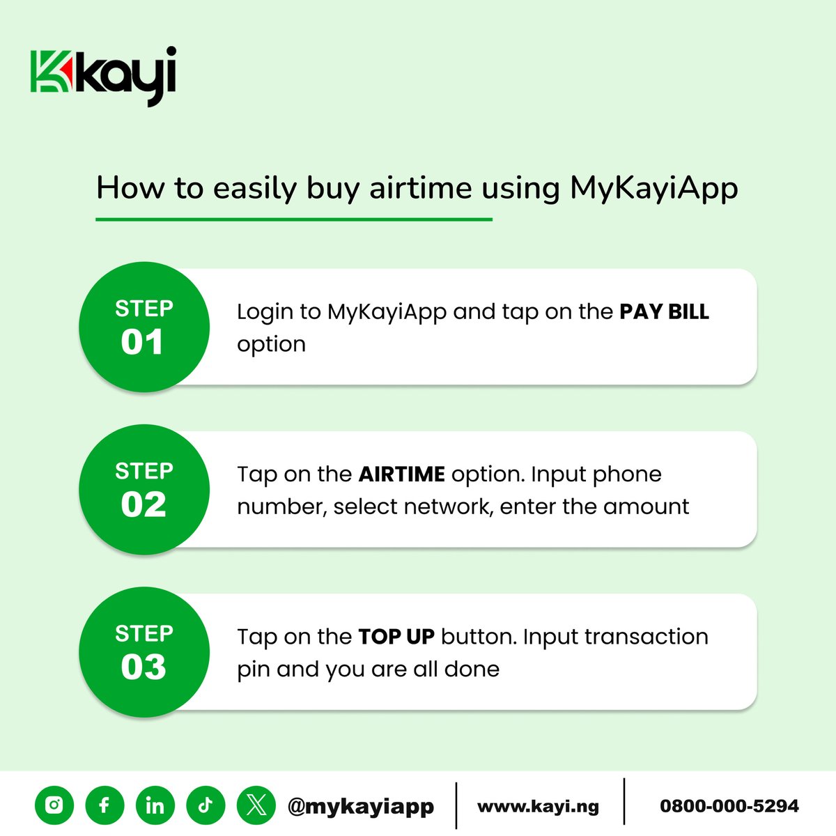 Unlock the future of banking with AI-driven convenience! With Kayiapp, topping up airtime for yourself, friends and family is as easy as 1-2-3. Follow these simple steps to experience seamless transactions like never before.
#MyKayiapp #AIDrivenBanking 
#Kayiway
#Digitalbanking