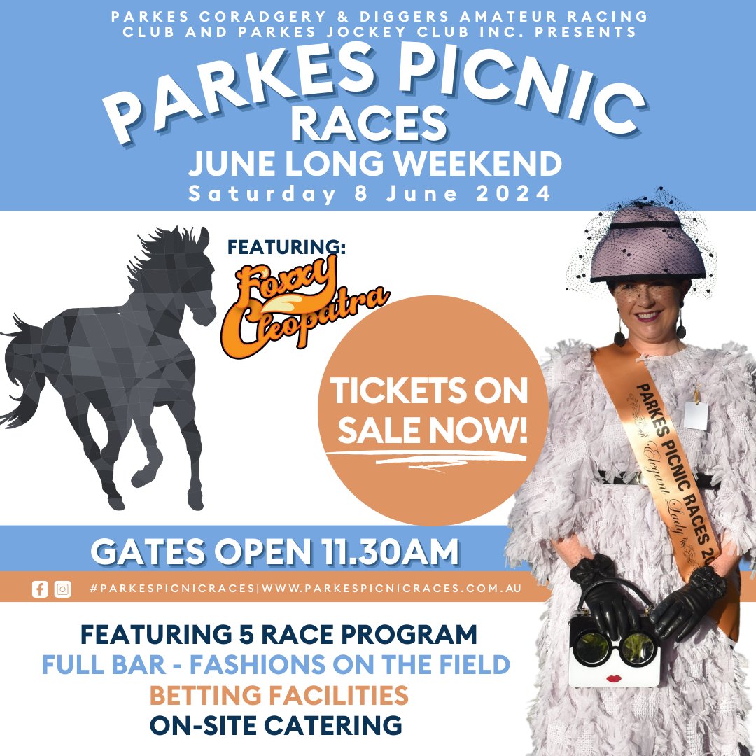 Tickets are now available for 2024 Parkes Picnic Races🏇 Tag your mates to remind them because this is an event you do not want to miss. We hope to see you there! Tickets available via ➡️ bit.ly/Parkespicnicra… #Parkespicnicraces