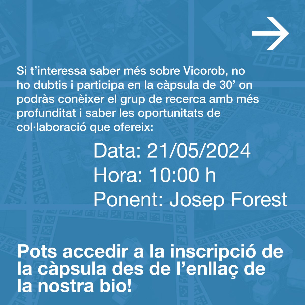 PatronatEPS's tweet photo. Grup de Recerca @ViCOROB: No et perdis la seva càpsula de 30 minuts el 21 de maig a les 10:00 h amb el ponent Josep Forest. Inscriu-te a: https://t.co/jTR1LAYhTE https://t.co/gQsBTCZf5P