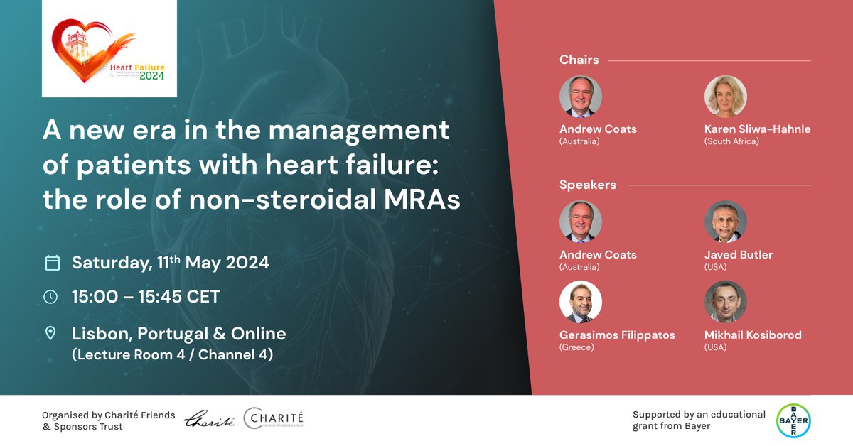 Don't miss our EBAC accredited session at Heart Failure Congress 2024 in Lisbon! On May 11, 2024, 15:00 – 15:45 CET for insights on 'New Era in Heart Failure Management: Non-Steroidal MRAs.' Explore NSMRA's role and future evidence. #HeartFailure #HeartCare #EBAC #Bayer