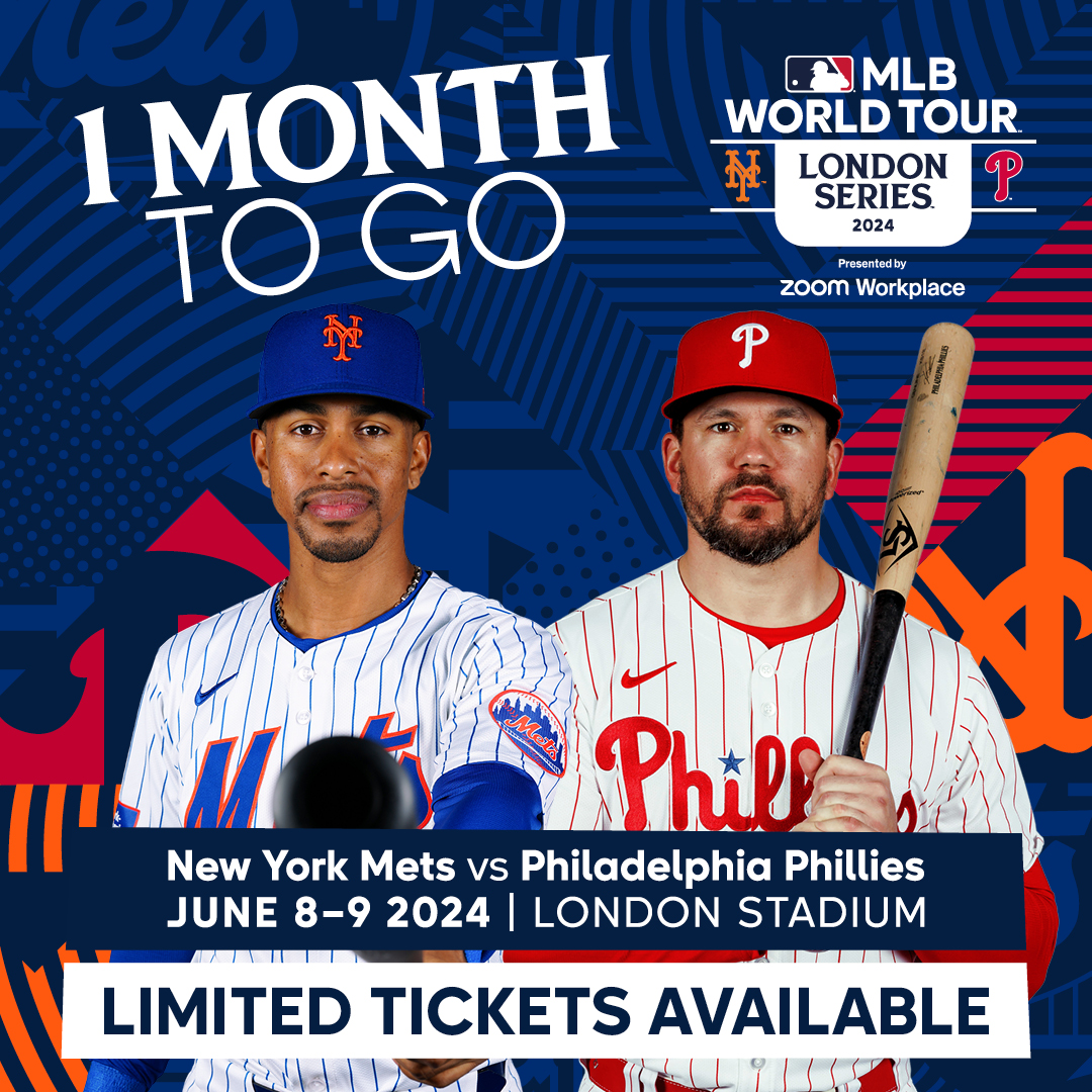 🚨 1 month until the MLB World Tour: London Series 2024 ⚾ Mark your calendars, get your crew together and secure your seats as the @Mets take on the @Phillies at London Stadium on 8-9 June! Live the #LondonSeries 🎫 Buy your tickets here 👉 ticketmaster.co.uk/mlb