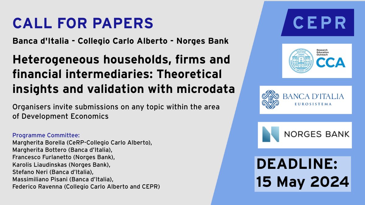 📢#CALLFORPAPERS @bancaditalia, @CollegioCA & @NorgesBank invite papers for a joint #conference on new modeling approaches and novel empirical evidence on heterogeneity in the behaviour of firms, households and financial intermediaries. Deadline: 15 May ✍ ow.ly/bTWb50RyyzX