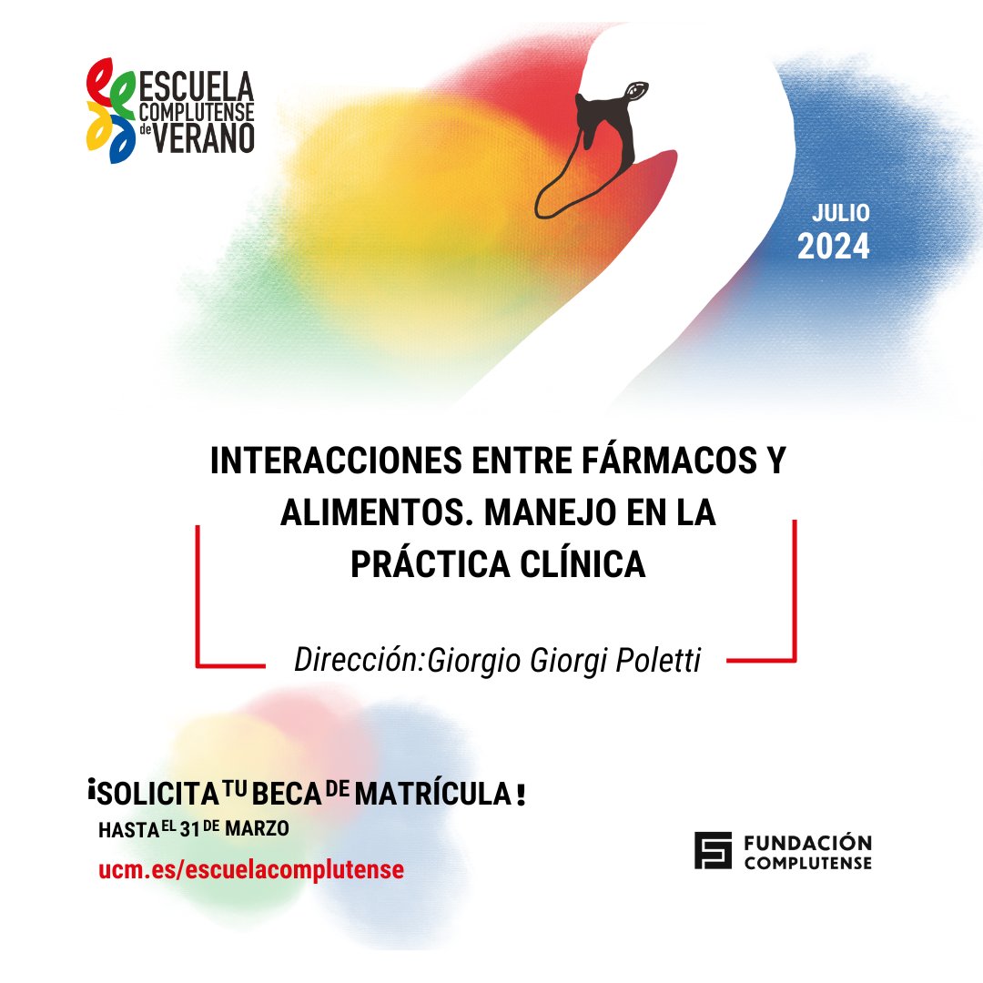 ABIERTA matricula y solicitud de becas para #ESCUELACOMPLUTENSEVERANO 
Este curso que te puede interesar👇
"Interacciones entre Fármacos y Alimentos. Manejo en la práctica clínica”
Fecha: 1-19 julio
Dirección: Giorgio Giorgi <a href="/ffarmaciaUCM/">Facultad Farmacia UCM</a>
INSCRÍBETE👇 ucm.es/escuelacomplut…