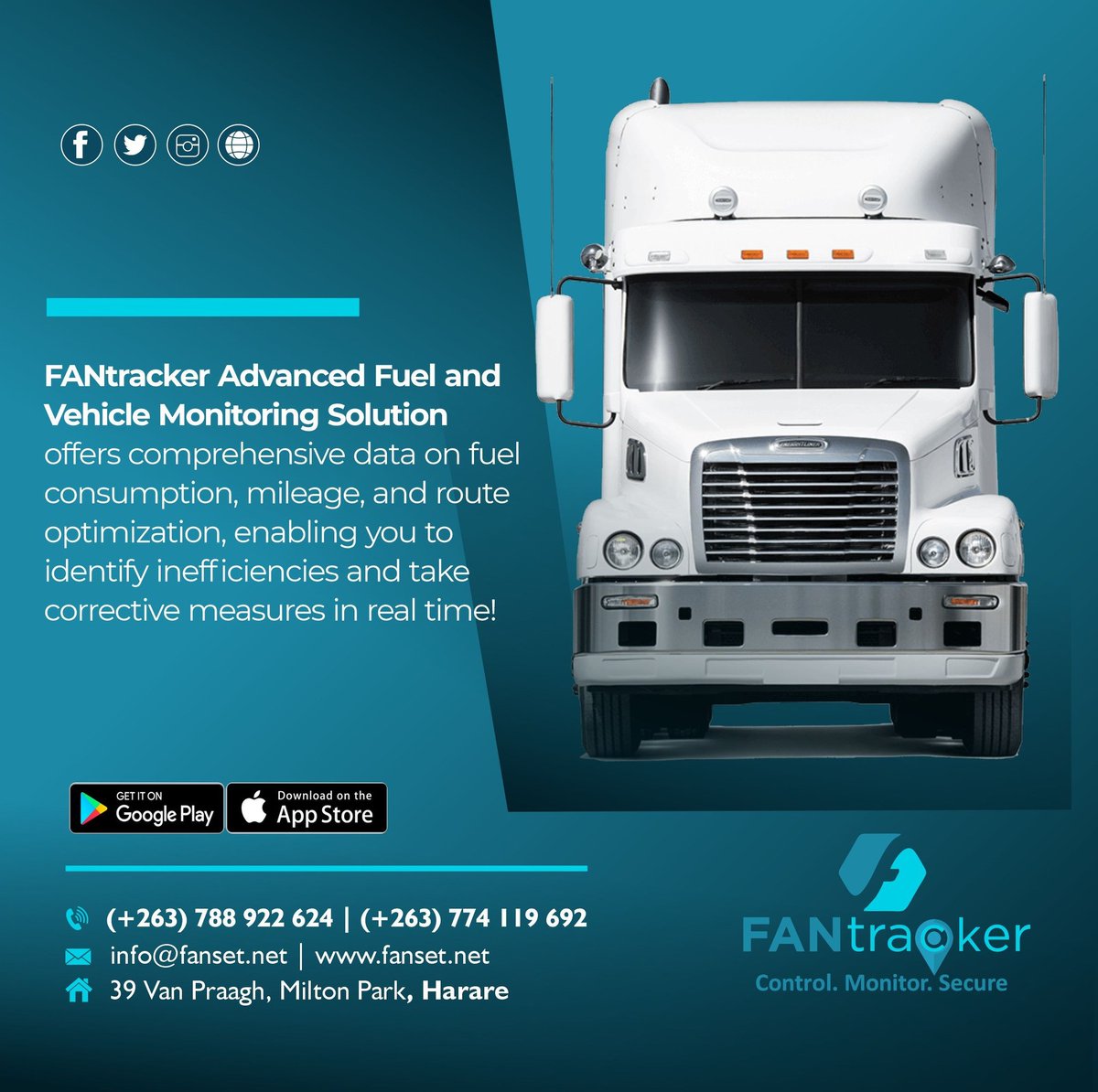 Real-time Vehicle Tracking is essential in ensuring the safety of your drivers and your fleet, especially during breakdowns or other emergencies. Secure your fleet.
Sign up for the FANtracker Advanced Fuel Monitoring Solution today!
Contact: +263778179409/ 0774119692

#FANtracker