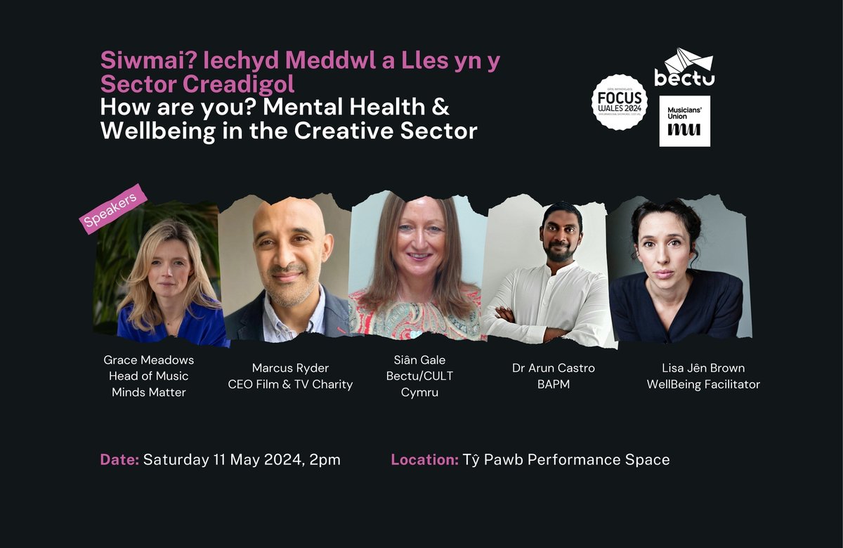 CULT Cymru will be at @FocusWales 2024 as part of a panel on Mental Health and Wellbeing in the Creative Sector on Saturday May 11th, 2pm. Come along to see us and some other amazing guest speakers! 🔗Get your tickets here: focuswales.com/tickets/