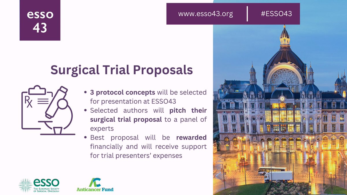 ⚡️ Calling all #YoungSurgeons! ⚡️ Submit your #SurgicalTrial Proposals for #ESSO43 & get a chance to win a reward supported by @Anticancerfund Find more info at 🔗 esso43.org/abstracts/ @EYSAC1 @YoungSurgeonsAT @junge_chirurgie @YSAC_PK