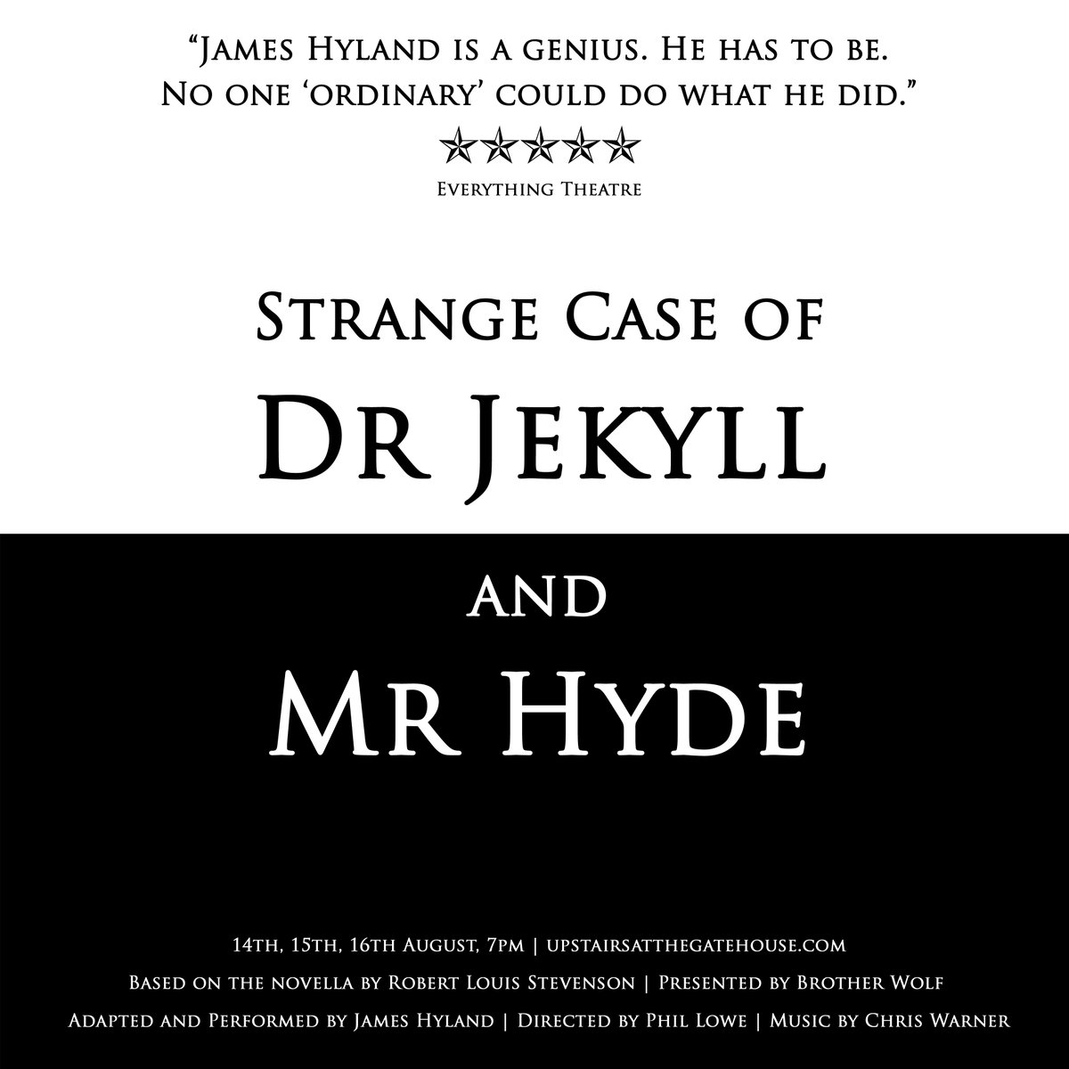 'one of the best monologue performances on stage' ~British Theatre Guide 14th, 15th, 16th August, 7pm at @GatehouseLondon as part of @CamdenFringe TIX: brotherwolf.org.uk/theatre-perfor… #JekyllandHyde #RobertLouisStevenson #GothicHorror #OneManShow #CamdenFringe