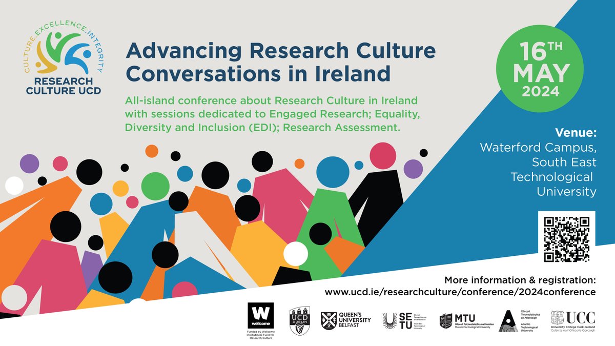 Registration closing soon! 2024 All-Island Research Culture Conference - sessions on #researchassessment #EDI #engaged research. Join us 16 May in Waterford: ucd.ie/researchcultur… Thanks to organisers @ucddublin @Queens_Belfast @MTU_ie @UCC @atu_ie & hosts @SETUIreland