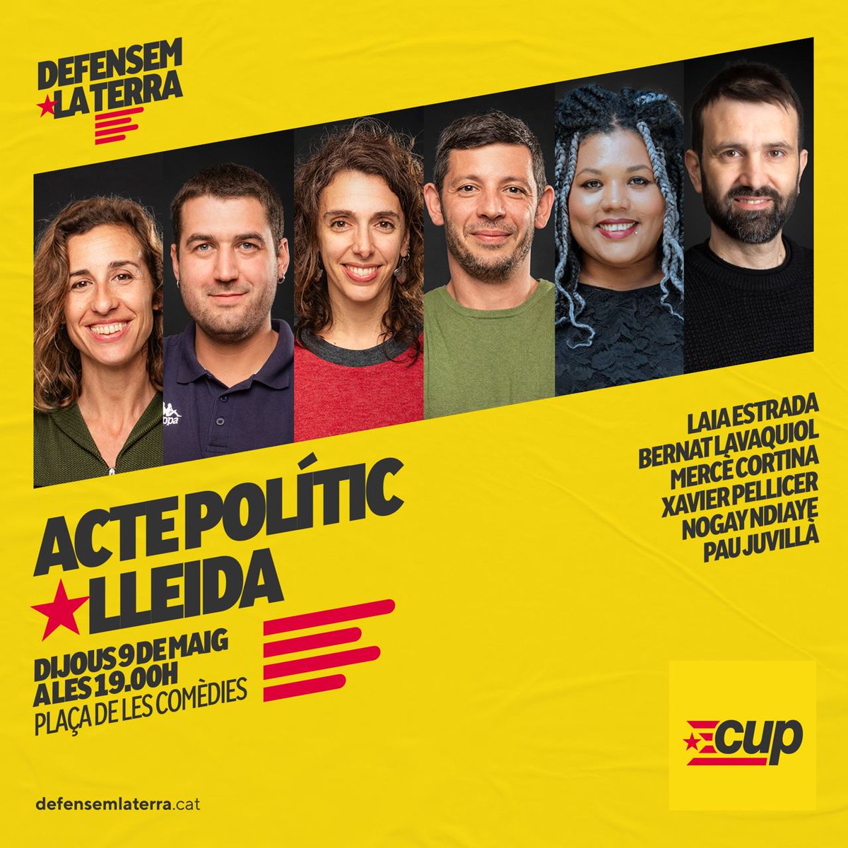ACTE POLÍTIC A LLEIDA

Amb
🔸 Laia Estrada
🔸 Bernat Lavaquiol
🔸 Mercè Cortina
🔸 Xavier Pellicer
🔸 Nogay Ndiaye
🔸 Pau Juvillà

📍Dijous 9 a les 19h a la plaça de les comèdies.
Perquè un altre país és possible.
#DefensemLaTerra