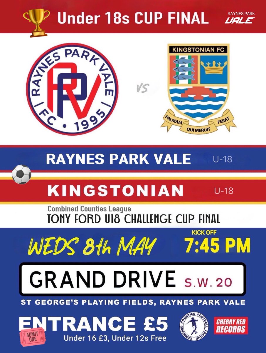 🔵🔴 CUP FINAL TONIGHT! 🏆 Get down to Grand Drive & support the lads. ⚽️ 7:45 PM ko Raynes Park Vale u18 vs @KingstonianFC u18 Tony Ford U18 Final 🍺 Pitch-side bar will be open and the cracking burgers are on! 🍔 🏟️SW20 9DZ Gate proceeds to go to @ComCoFL chosen charity.