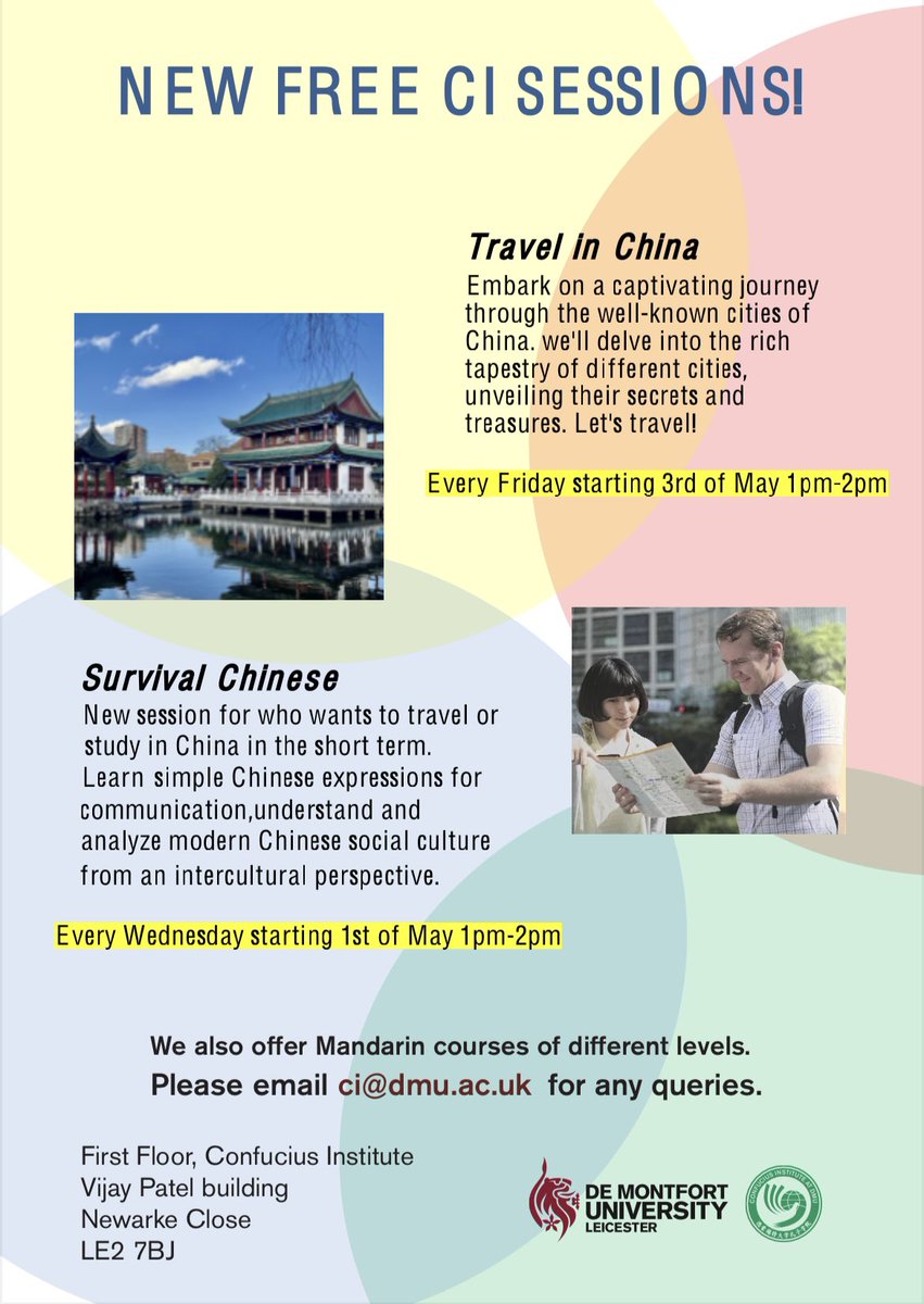 Welcome to the DMUCI to participate in our free special courses. We provide Chinese character ,Survival Chinese,Kaleidoscope of Chinese and Travel in China. Starting from this week, the class opening time is as shown, welcome to everyone👏