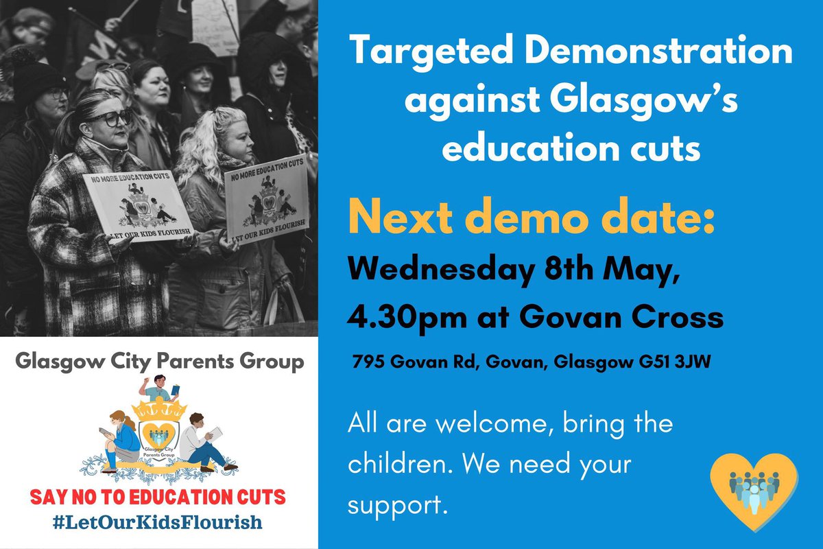 Glasgow City Parents Group (GCPG) (@gcparentsgroup) on Twitter photo Stand with us today to encourage <a href="/GlasgowCC/">Glasgow City Council</a> to #LetOurKidsFlourish & reject their education cuts. Stand up for our pupils 💛
Today 4.30pm Govan Cross, 795 Govan Rd, Govan, Glasgow G51 3JW Stand with us today to encourage <a href="/GlasgowCC/">Glasgow City Council</a> to #LetOurKidsFlourish & reject their education cuts. Stand up for our pupils 💛
Today 4.30pm Govan Cross, 795 Govan Rd, Govan, Glasgow G51 3JW