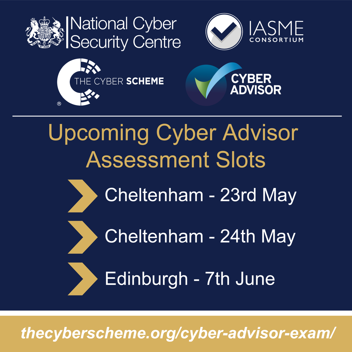 Are you interested in becoming a #CyberAdvisor? 🤔 In May & June, @thecyberscheme are running several Cyber Advisor Assessment sessions, hosted in #Cheltenham & #Edinburgh. 📆 Find out more & book your exam by visiting 👉 ow.ly/mH2y50Rzegz