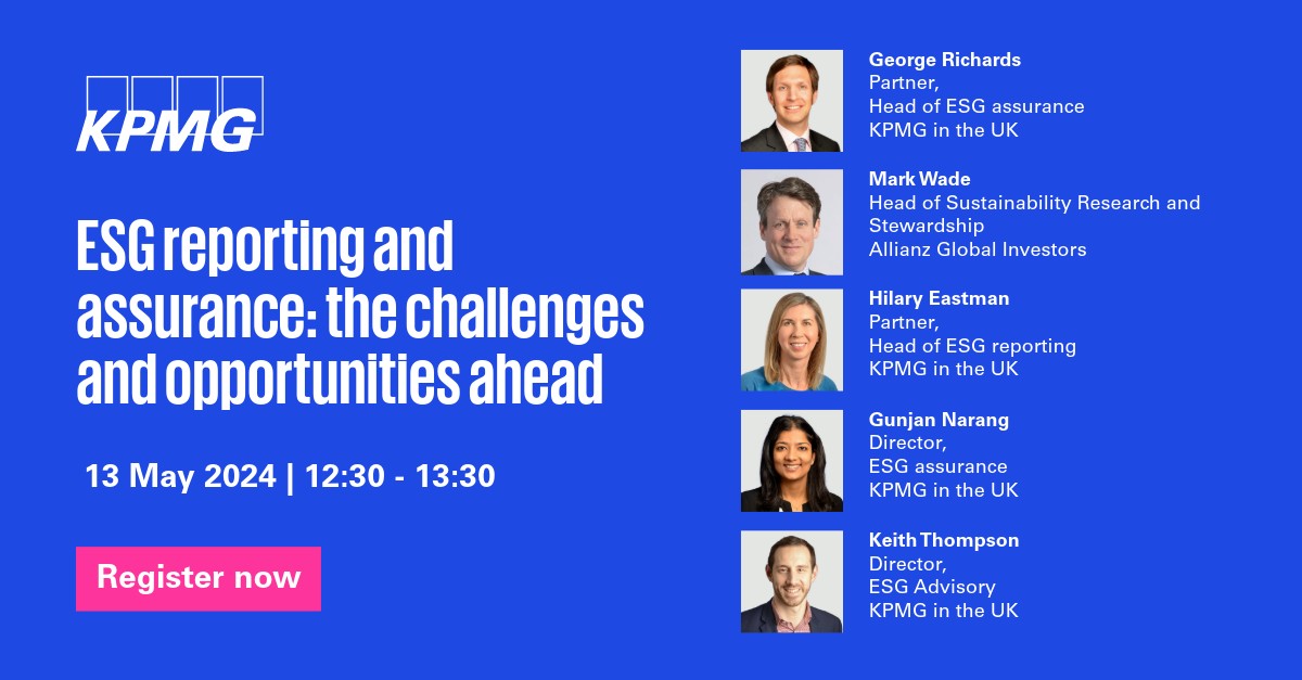 Join KPMG UK next week for insights from Mark Wade from Allianz Global Investors on navigating data and assurance in the ESG landscape. Stay informed on key developments with CSRD, ISSB, and SEC updates.

Register now: spkl.io/60114NlrH

#ESGreporting #ESGassurance