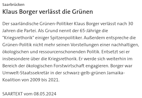#SKK20240508 #SAARTEXT Der saarländische Grünen-Politiker Klaus Borger verlässt nach 30 Jahren die Partei. | #Saarland #Gruene #Nachhaltigkeit #Ökologie #Kriegsrethorik #Forstwirtschaft #KlausBorger #Grüne