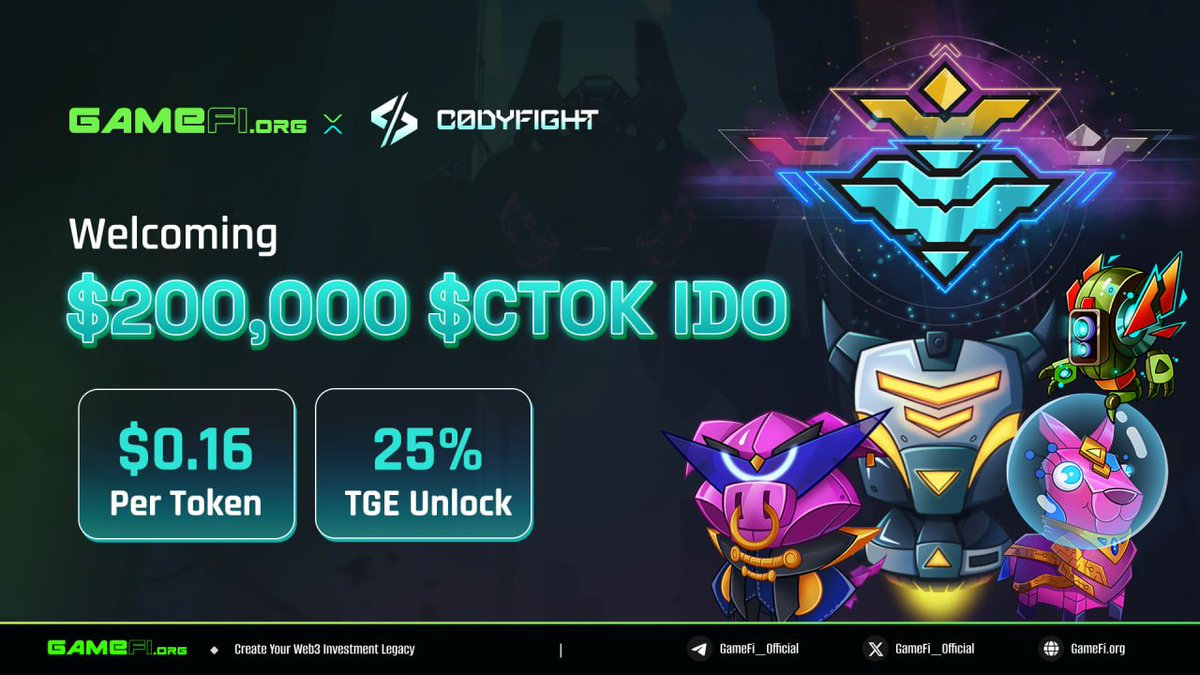 📢 Check out the upcoming IDO: @codyfight 🚀 Codyfight - AI & human gaming platform with community-led metagame evolution 🤖 👉 Apply Whitelist: gamefi.org/ido/codyfight 🔗 (May 8 - May 12) ✅ Full AI model ownership and control ✅ Launched a fully functional web-based game…