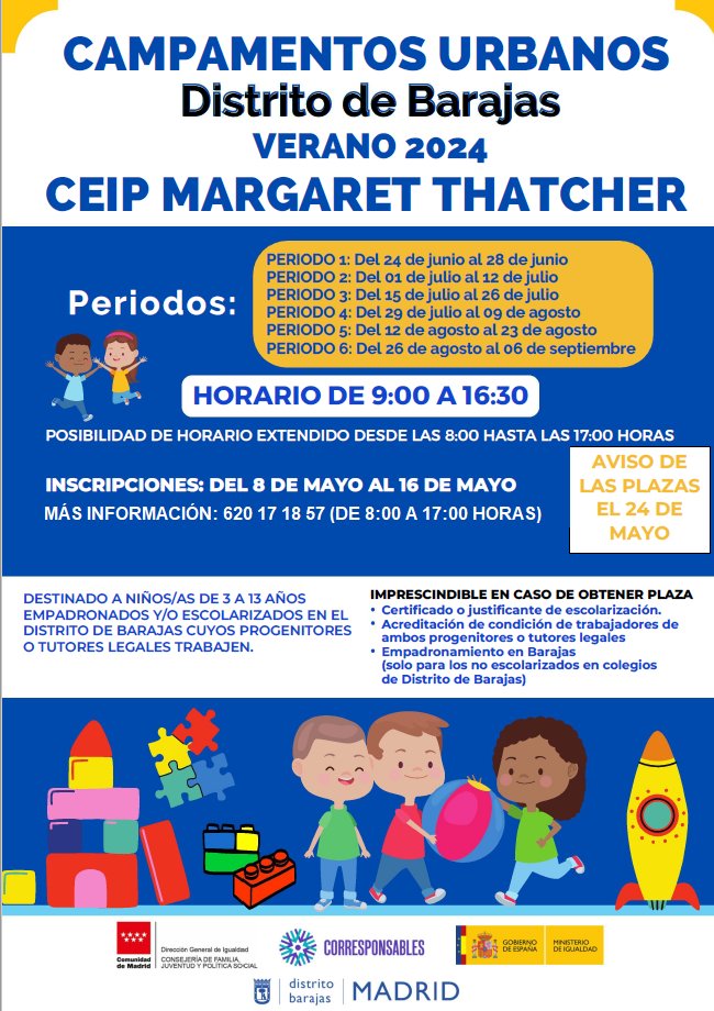 JMDBarajas's tweet photo. ¿Estás buscando campamentos para este verano? Hasta el 16 de mayo puedes solicitar plaza a los que organiza la Junta Municipal de Barajas en el CEIP Margaret Thatcher 👇 https://t.co/ujxcys7Fen