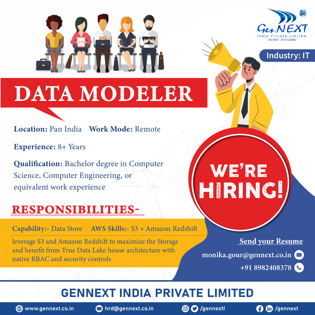 GennextL's tweet image. #UrgentHiring 💼📢🎯
Position: Data Modeler
Location: Pan India
Work Mode: Remote
#DataModeler #IT #PanIndia #Remote #ComputerScience #Engineering #hiringnow #jobsearching #jobsearch #Recruitment2024 #jobseekers #hr #jobopenings2024 #gennextjob #gennexthiring #GenNext #hiring