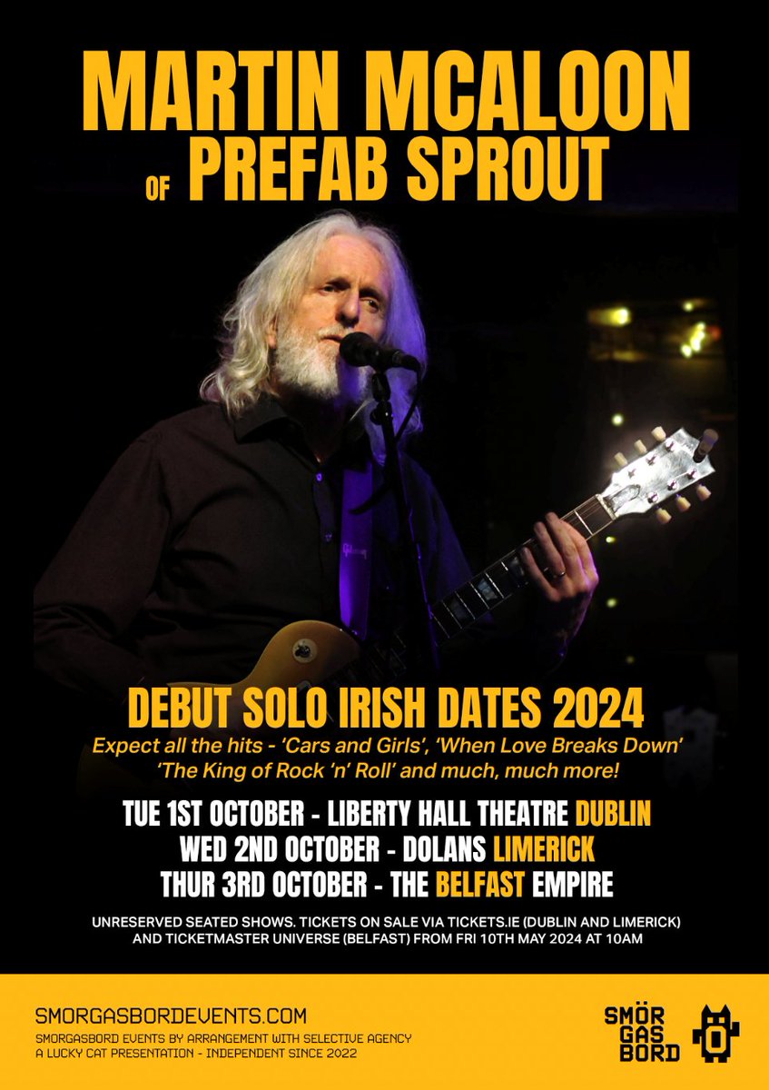 YES! I'm coming to Ireland in October to perform hours of Prefab Sprout songs: 1/10 Dublin Liberty Hall bit.ly/4aaU2mQ, 2/10 Limerick Dolans bit.ly/4btU1M8, 3/10 Belfast Empire bit.ly/4aaU2mQ Tickets available May 10th Prepare yourselves! #Rocktober