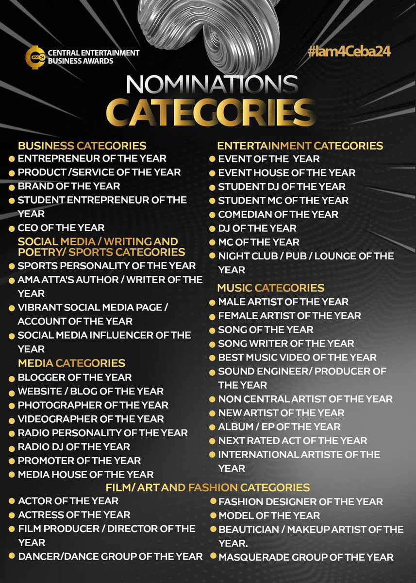 qwamemacshat_'s tweet photo. NOMINATIONS FOR CENTRAL ENTERTAINMENT BUSINESS AWARDS 24 CLOSE ON FRIDAY, MAY 17.
Musicians, Entrepreneurs and Industry players in good standing are eligible to file.
FOR ENQUIRIES contact
/WhatsApp 0272712000
The Ceba 24 is powered by @ievents_gh
#ceba24 #MacshatNews https://t.co/GvroHXznpw