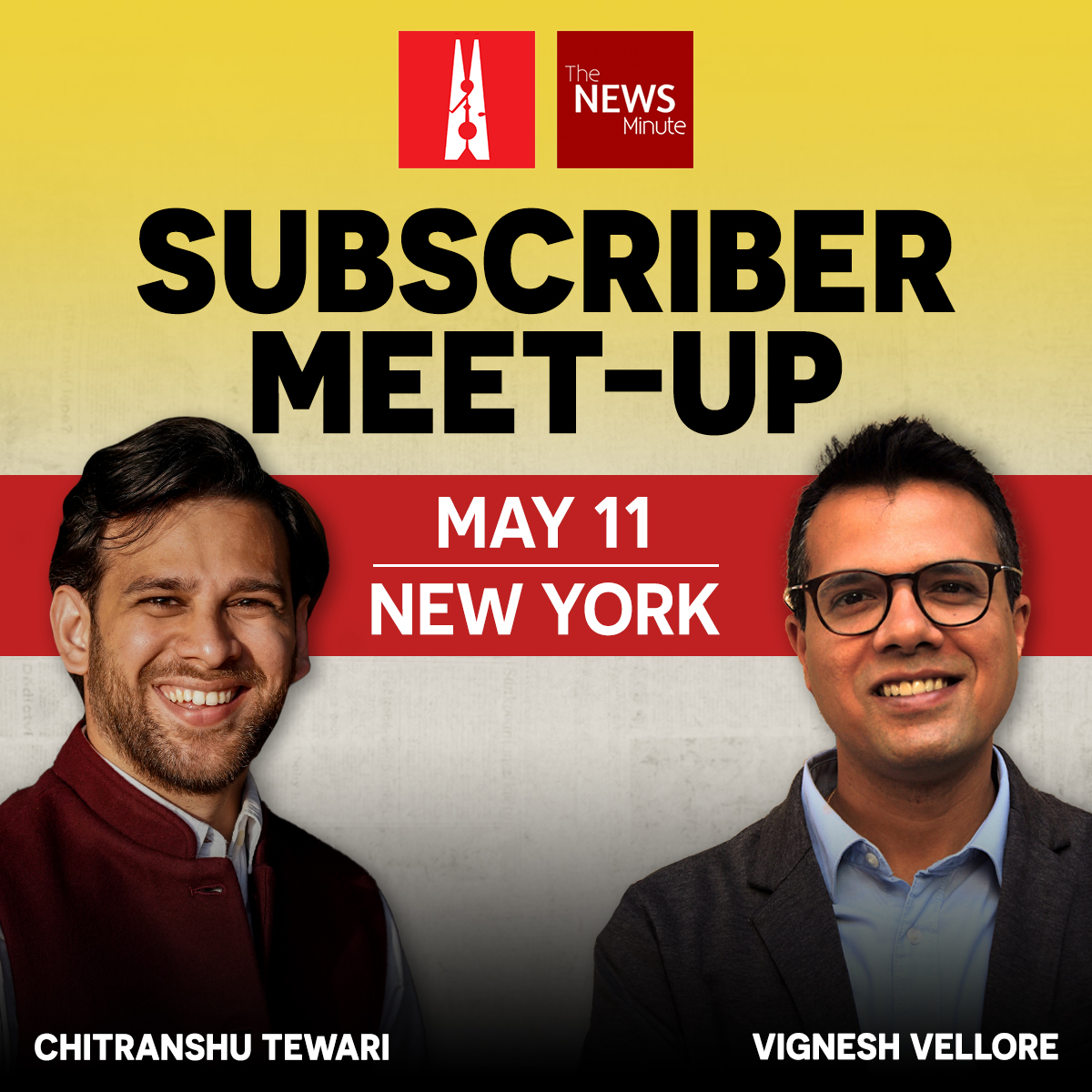 📢 Calling on our subscribers in the US! We're organising a @newslaundry x @thenewsminute subscriber meet! Give us feedback, ask questions, and meet @vmvignesh and @chitranshoe! 🗓️ May 11 | 📍New York If you'd like to attend, write to members@thenewsminute.com