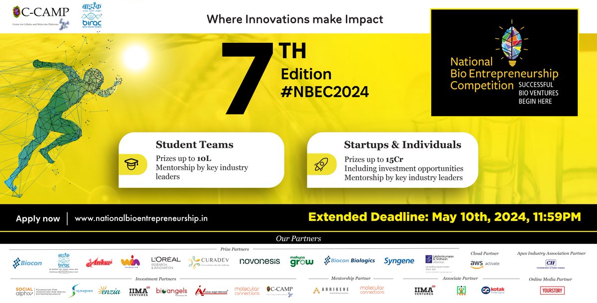 Do you dare to disrupt India's innovation space with your idea? Apply for #NBEC2024- a place where your innovations will make a national impact- Only 2 more days left to apply CCAMP - @BIRAC_2012 organized National Bio Entrepreneurship Competition carries a total ₹15 Cr+ INR