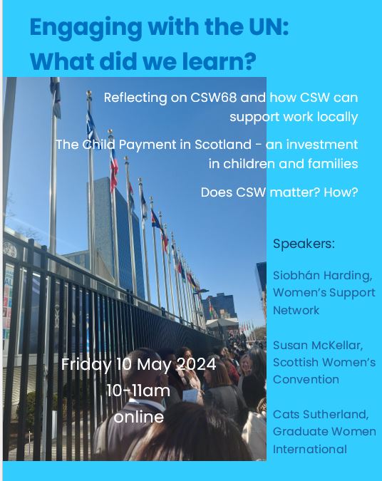 In a world in crisis, does #CSW matter? 📢Join us to explore what we learnt at #CSW68, with @siobhanpharding @WSN_NI, Cats Sutherland and Susan McKellar @SWCwomen, who will talk about the Scottish Child Payment. 📢 Fri 10 May, 10-11am Register: tinyurl.com/rvrefnp2