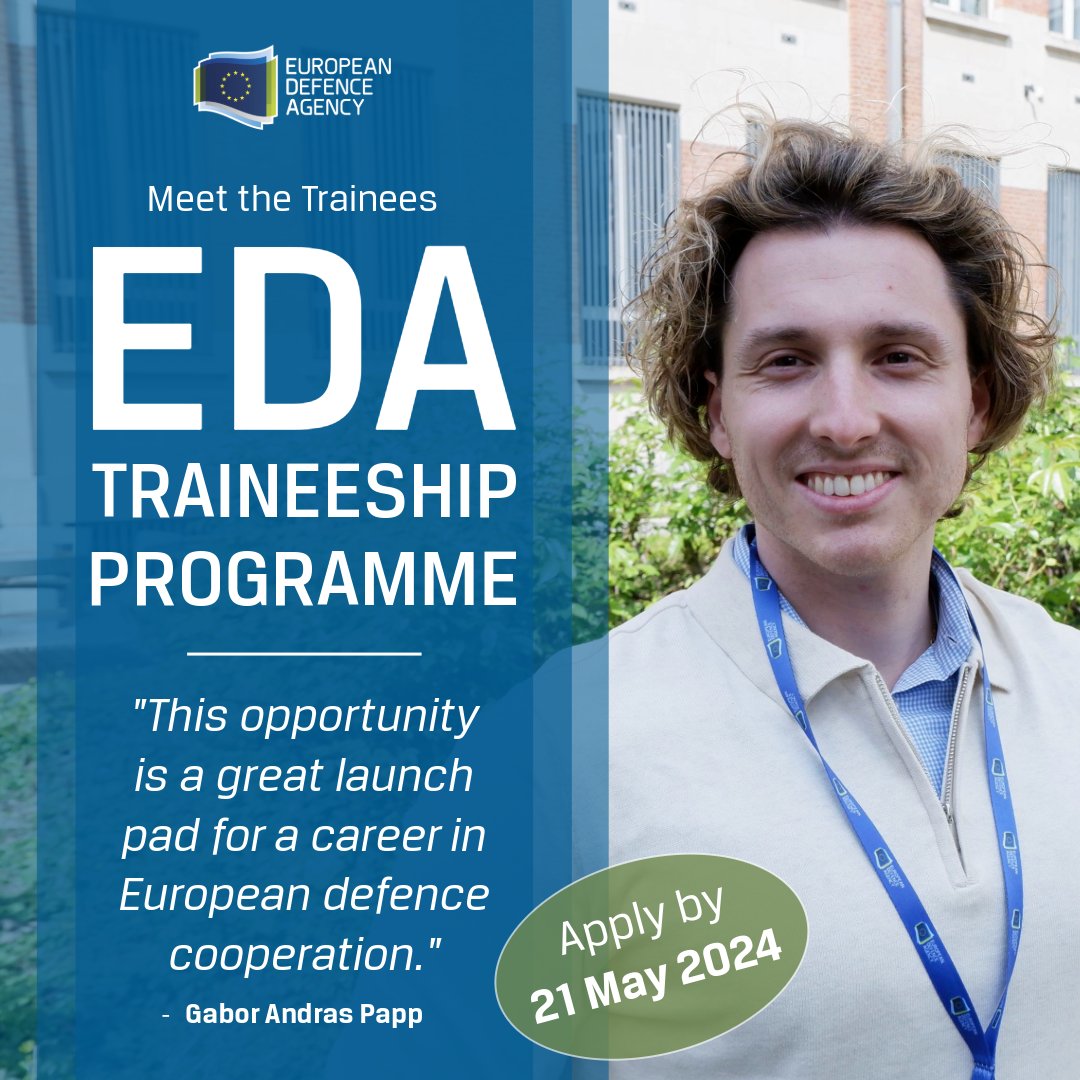 👥 EDA #traineeship | Meet the trainees

Gabor is EDA's #Sustainability & Defence Trainee, focusing on multifaceted areas of resilience in #EUdefence.

Want to be EDA’s next trainee? 👉 Apply by 21 May for our 1-year paid traineeship in #Brussels!

 🔗 bit.ly/EDAtraineeship