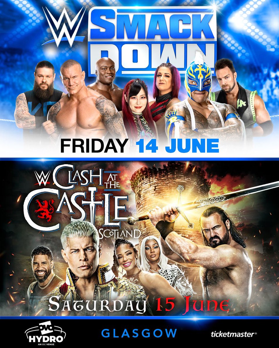 🚨 ON SALE NOW! 🚨 Get your single event tickets for SmackDown on Friday, June 14 and Clash at the Castle: Scotland on Saturday, June 15, emanating from the @OVOHydro in Glasgow. #SmackDown 🎟️: ticketmaster.co.uk/event/360060A3… #WWECastle 🎟️: ticketmaster.co.uk/event/360060A3…