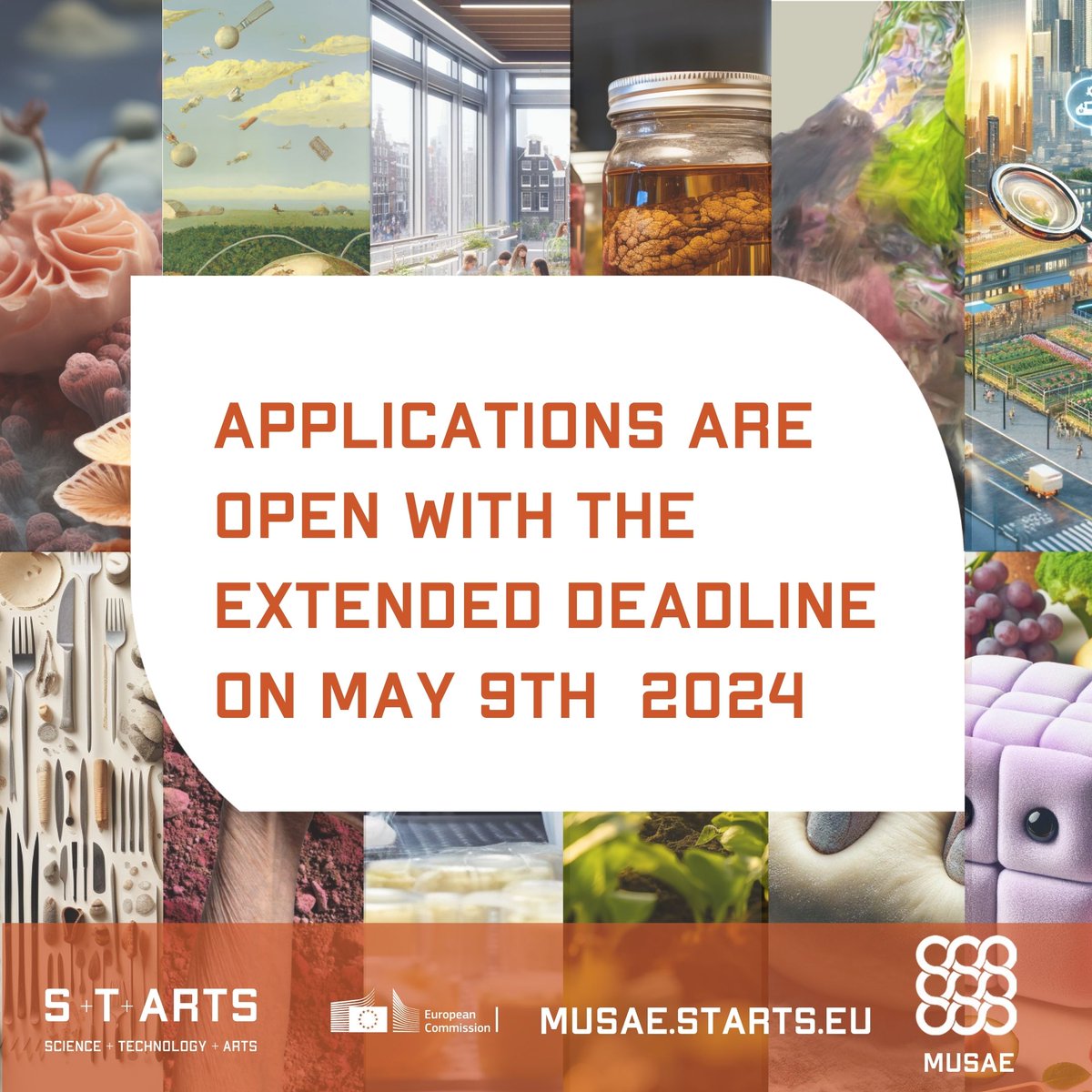 📢Final call for the 2nd Expert Open Call with the Extended Deadline on May 9, 2024 Great opportunity to participate in the evaluation process of the MUSAE 2nd Open call that will chose 11 SMEs and artists to develop prototypes for 'Food for Medicine' 👉 musae.starts.eu/musae/calls-2n…
