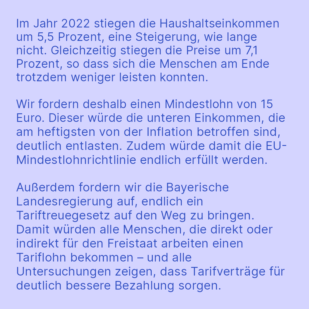 Wir fordern einen #Mindestlohn von 15 Euro. Und wir fordern die Bayerische Landesregierung auf, endlich ein #Tariftreuegesetz auf den Weg zu bringen. 

Damit Reallohn-Verluste endlich der Vergangenheit angehören.
#NurMitLinks