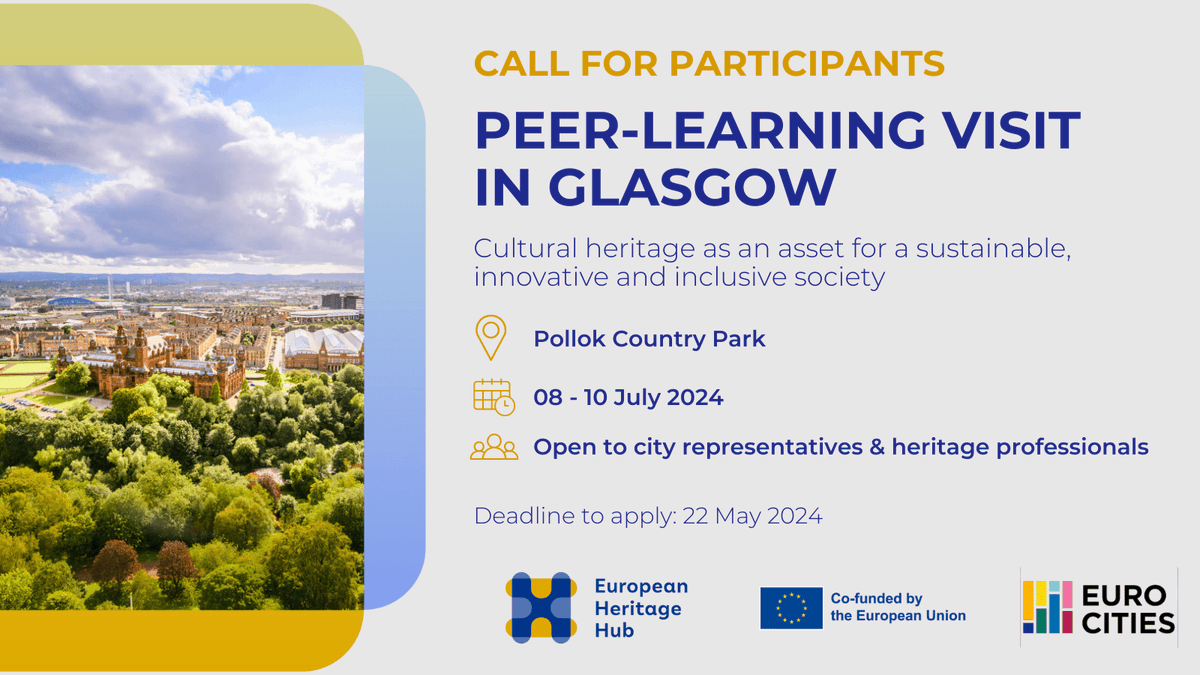 📣Join us in Glasgow 🏴󠁧󠁢󠁳󠁣󠁴󠁿󠁧󠁢󠁳󠁣 from 8-10 July for the Hub’s first peer-learning visit, in partnership with @GlasgowCC. The main focus will be Pollok Country Park, home to two major inclusive #CulturalHeritage development projects🌳🏛️ Apply by 22 May 👉 europeanheritagehub.eu/join-the-hubs-…