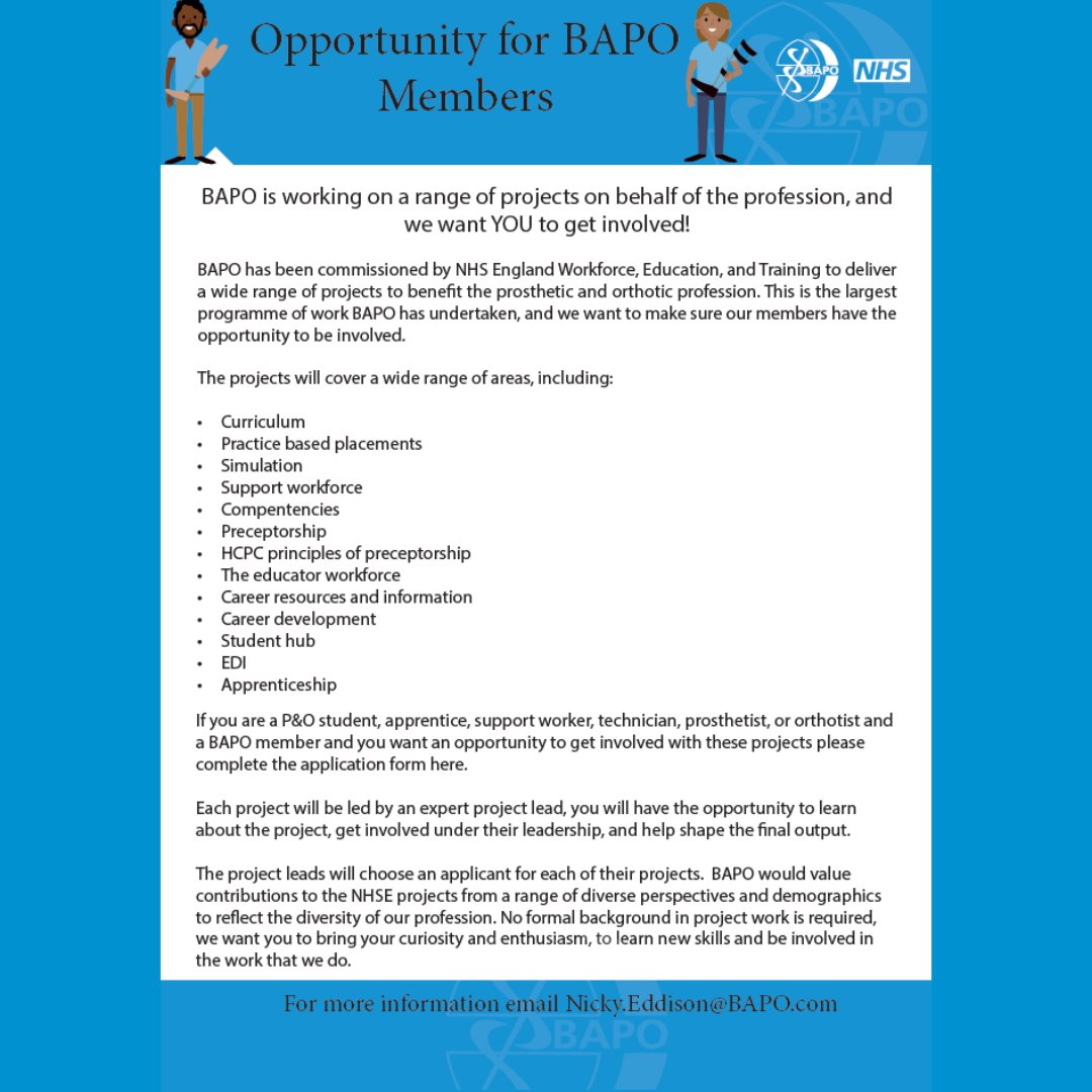 📢Opportunity for BAPO members to get involved in projects on behalf of the P&O Profession! Please complete the MS Form if you are interested in getting involved: forms.office.com/e/9TENvT6vx0 This is for BAPO members only. Closes 13/05/24 #Prosthetics #Orthotics @OrthoticNetwork