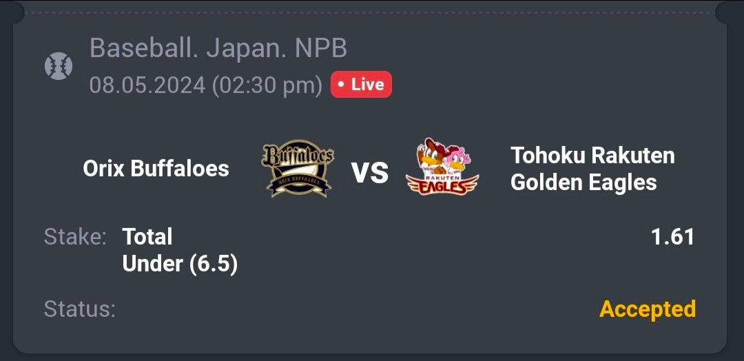 Baseball - NPB

Buffaloes vs Rakuten Golden

⚾️ Under 6.5
🔖 1.61
💵 10 Unit

#GamblingTwitter #SportsBetting #TeamParieur #SportsPicks #Betting #A3RBET #FreePicks #SportsBettor

#NPBPick #NPBTwitter #Baseball #野球 #オリックス・バファローズ #楽天ゴールデンイーグルス

Like + RT