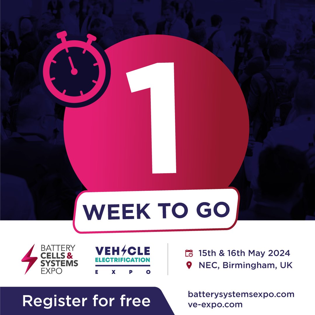 ❗⌛1 WEEK TO GO! ⌛❗ @BatteryCellExpo and @VeExpo takes place next week, 15th & 16th May! Register for FREE: vist.ly/36cn8 #BCS24 #VEX24 #BatteryCells #BatterySystems #ElectricVehicles #EV #Expo #Conference #Tradeshow #NEC