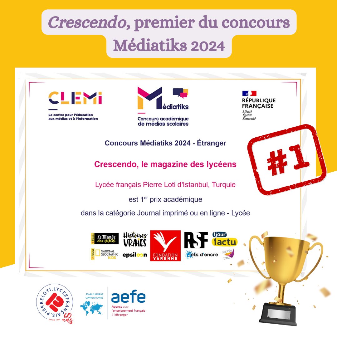 Notre web magazine Crescendo est désigné lauréat du 1er prix académique dans la catégorie Journal imprimé ou en ligne - Lycée du Concours #mediatiks 2024 des établissements de l’étranger, CLEMI, donc 1er de l'AEFE. Vive les médias scolaires ! ➡️ crescendomag.com @aefeinfo