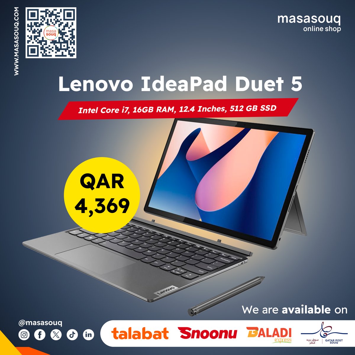 Get the ultimate 2-in-1 experience! The Lenovo IdeaPad Duet 5 packs powerful Intel Core i7, 16GB RAM, and a spacious 512GB SSD.  Perfect for work AND play!  💻🎮 masasouq.com/lenovo-ideapad…  :QAR4,369
#Lenovo #IdeaPadDuet5 #laptopgoals #techlover #productivity #masasouq