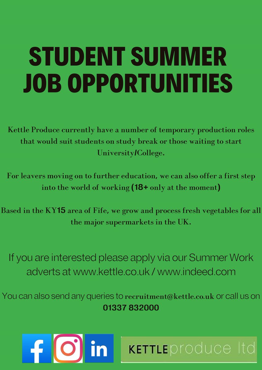Kettle Produce currently have a number of temp production roles that would suit students. For further information and how to apply, please see information sheet below. kettle.co.uk / indeed.com kettle.co.uk #kettleproduce #summerjobs #fife