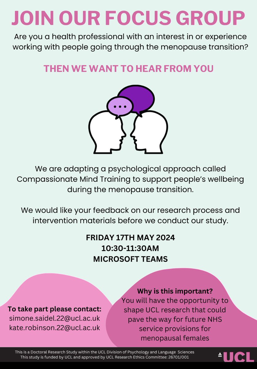 Simone Saidel (@saidelsimone) on Twitter photo 📣 We are looking for #healthprofessionals to take part in a focus group to support the development of our <a href="/UCLPALS/">UCL Psych & Lang Sci</a> research trialling a #psychologicaltherapy for #menopause
Get in touch if you’re interested! We’re keen to hear from you
<a href="/Menopause_Mind/">Menopause Mind Lab</a> 📣 We are looking for #healthprofessionals to take part in a focus group to support the development of our <a href="/UCLPALS/">UCL Psych & Lang Sci</a> research trialling a #psychologicaltherapy for #menopause
Get in touch if you’re interested! We’re keen to hear from you
<a href="/Menopause_Mind/">Menopause Mind Lab</a>