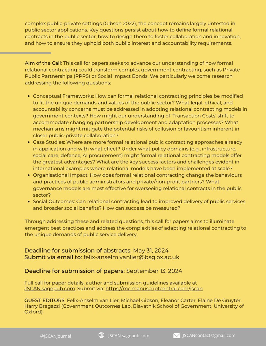 Exciting opportunity to contribute @JSCANjournal special issue “From Transactions to Partnerships: Opportunities and Challenges of Formal Relational Contracting in the Public Sector”. Guest edited by me & @golaboxford colleagues. Abstract deadline 31 May golab.bsg.ox.ac.uk/documents/Rela…